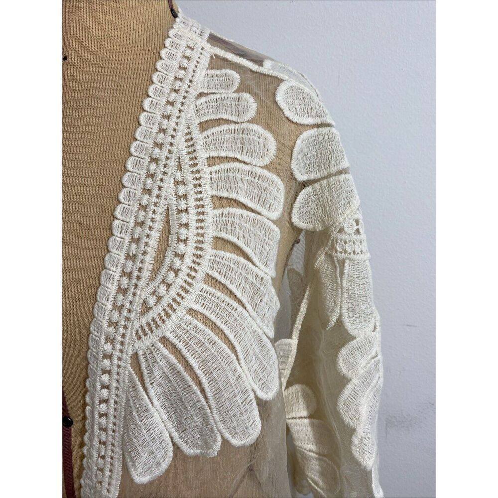 Chico's Lace Embroidered Fringe-Detail Kimono Sheer Duster Cream Size S/M NWT - Picture 5 of 9